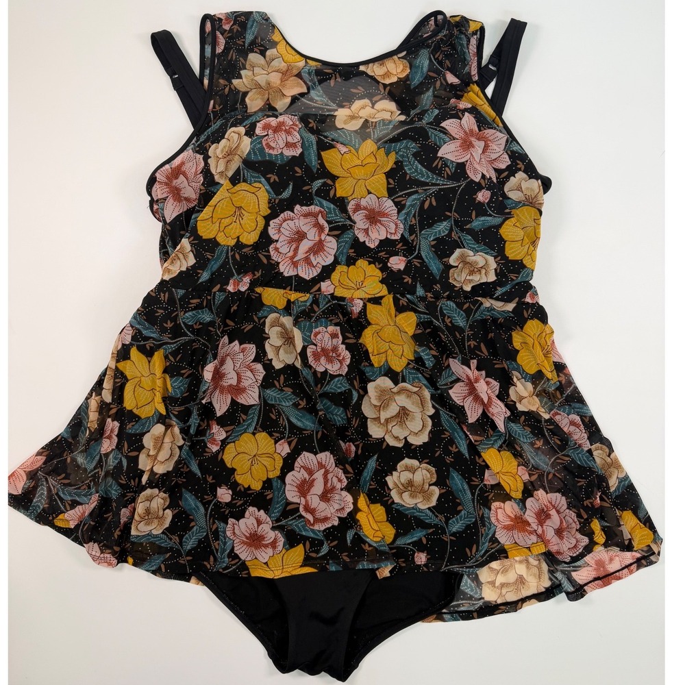 Torrid 4 Floral Mesh Overlay Swimdress Black Boho One Piece Swimsuit Padded‎ 26W